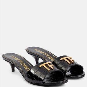 Tom Ford Black Croc-Embossed Leather Slide Mules with Gold Logo
